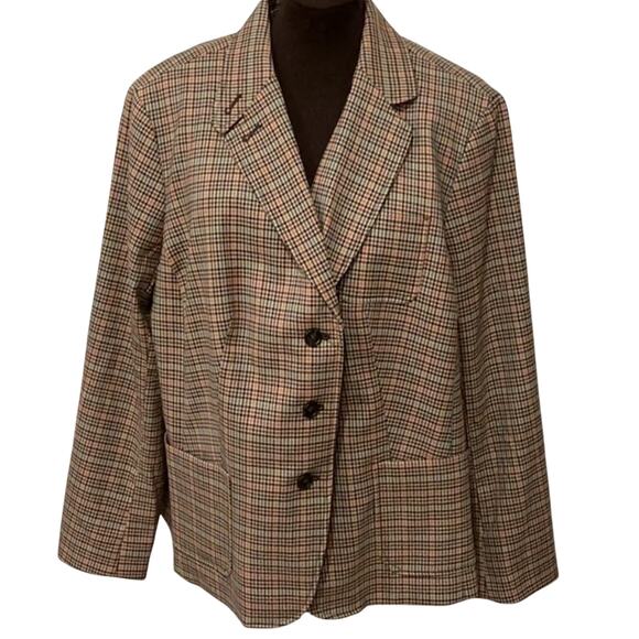 Talbots Women’s Petite Brown Orange Plaid Elbow Patches Blazer Jacket Size 20WP - Picture 1 of 8